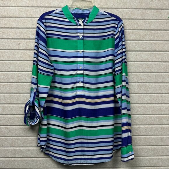 Talbots Striped Tunic Shirt Blue Green Long Sleeve Mandarin Collar SP Petite - Picture 1 of 11